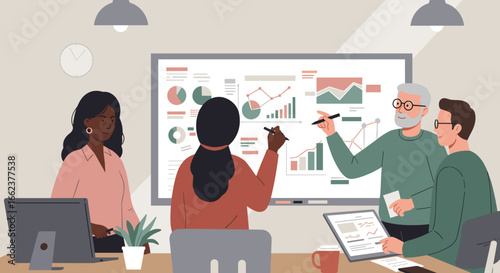 Team collaboration meeting analyzing business data in modern office environment with charts and graphs. Vector illustration