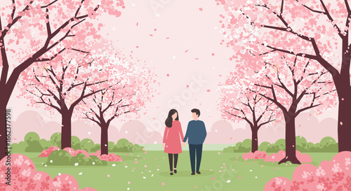 Couple strolling among cherry blossoms park digital illustration spring romantic viewpoint. Vector illustration
