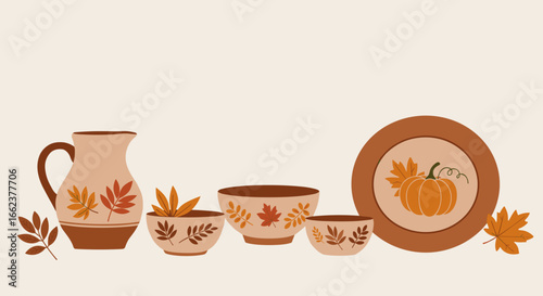 Autumn decor collection featuring rustic dinnerware home kitchen illustration warm tones aesthetic seasonal vibes. Vector illustration