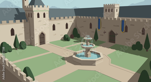 Castle courtyard with fountain fantasy landscape digital artwork serene environment aerial view imaginative concept. Vector illustration