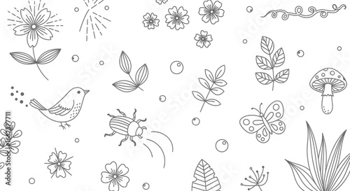 A black and white line art collection of nature doodles including flowers, leaves, a bird, a butterfly, and a beetle on a white background.