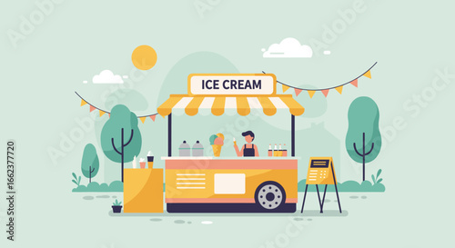 Summer ice cream stand park digital illustration bright environment eye-level viewpoint refreshing concept. Vector illustration