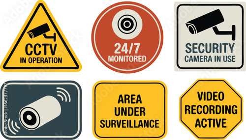 Collection of Security and Surveillance Signs CCTV, 24/7 Monitored, Area Under Surveillance, Video Recording