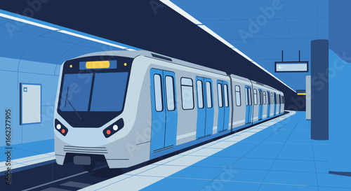 Train departure at underground metro station urban setting digital artwork modern environment perspective on transport. Vector illustration