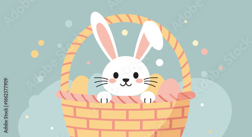 Playful rabbit peeking from easter basket festive scene digital art whimsical environment cartoonish viewpoint. Vector illustration