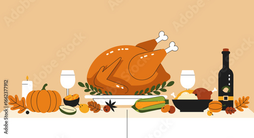 Thanksgiving feast celebration dining room digital illustration cozy atmosphere overhead view culinary tradition. Vector illustration