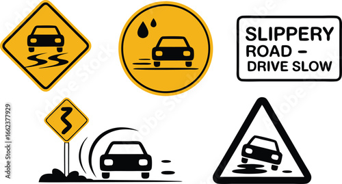 Collection of Various Road Signs Illustrating Slippery Road Conditions and Safety Instructions for Drivers