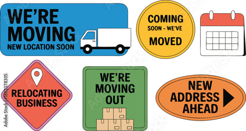 Colorful Cartoon Moving Announcement Icons Set Relocation, New Address, Business Moving, Moving Truck, Moving Out