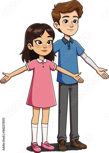 Children standing with arms open welcoming gesture happy boy and girl vector illustration