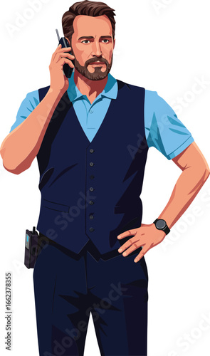 Confident male police officer in blue shirt and vest talking on phone holding hand on hip vector illustration