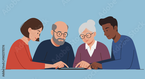 Engaging digital learning session for seniors community center illustration friendly environment collaborative viewpoint. Vector illustration