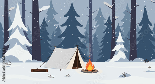 Camping adventure in snowy forest digital illustration serene winter landscape cozy campfire scene. Vector illustration