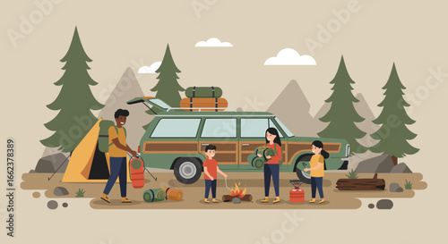 Camping adventure with family in nature illustrated scene outdoor environment playful viewpoint. Vector illustration