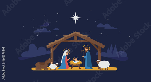 Nativity scene celebration bethlehem digital illustration nighttime serene christmas concept. Vector illustration