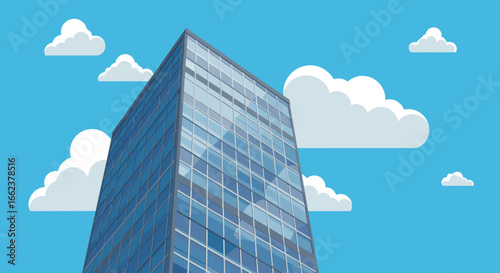 Modern office building against blue sky urban architecture digital illustration cloudy day aerial view contemporary design. Vector illustration