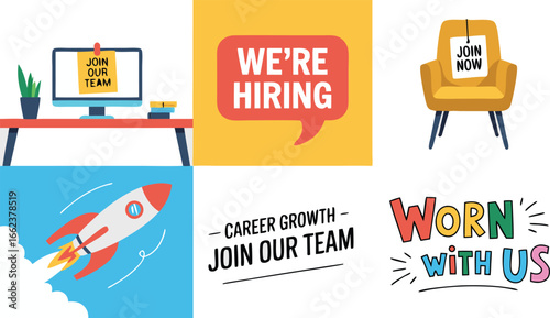 Colorful Illustration of Hiring Opportunities Featuring a Rocket, Computer, Chair, and Speech Bubble