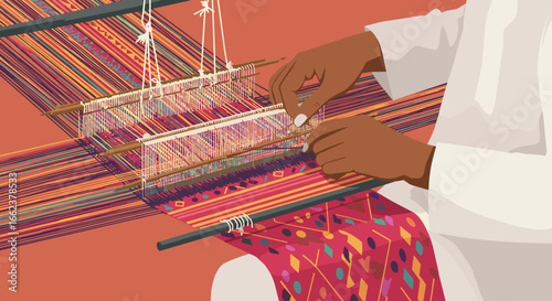 Traditional weaving technique artisan workshop craft process vibrant environment close-up view cultural heritage. Vector illustration