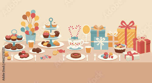 Festive dessert table with colorful treats and gifts birthday celebration indoor setting aerial view joyful atmosphere. Vector illustration