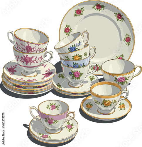 Vintage porcelain tea cup and saucer set with floral patterns and gold trim elegant classic design for dining collection