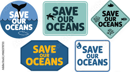Colorful Save Our Oceans with Whale Tail, Turtle, Fish, Coral, and Water Drop