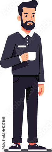 Man drinking coffee holding cup casual outfit beard standing vector illustration