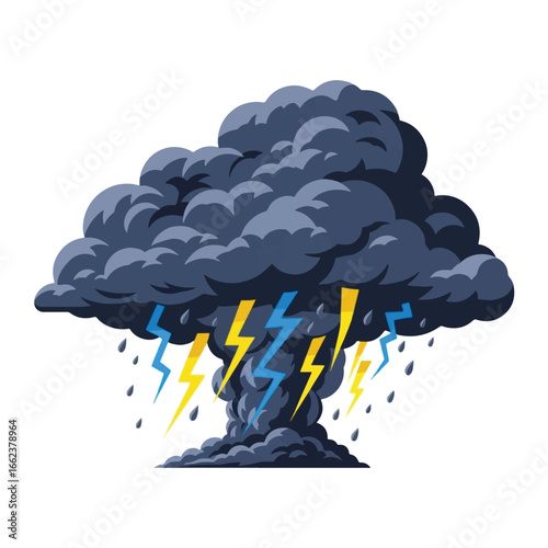 Illustration of a dark, ominous storm cloud with lightning and heavy rain, representing severe weather.
