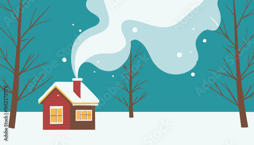 cozy cabin with smoke coming from the chimney in snowy woods