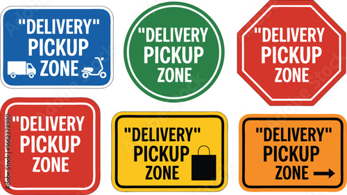 Delivery Pickup Zone Signs Colorful Variety of Shapes, Icons, and Colors for Designated Areas