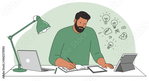 Creative brainstorming session home office digital illustration relaxed environment close-up view idea generation. Vector illustration