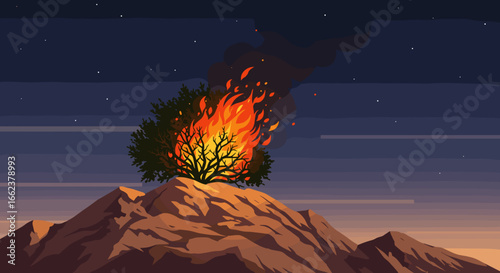 Forest fire erupts on mountain peak digital art illustration nighttime landscape dramatic visualization. Vector illustration