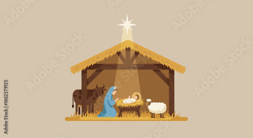 Nativity scene depicting baby jesus bethlehem digital illustration calm environment artistic viewpoint. Vector illustration