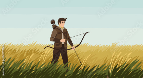 Archery adventure in a golden field digital illustration outdoor exploration nature's bounty character perspective. Vector illustration