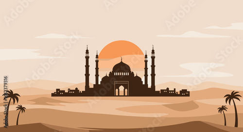 Sunset mosque silhouette in desert landscape digital artwork tranquil atmosphere scenic view. Vector illustration