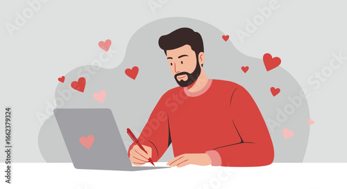 Creative writing inspiration for romance home office digital art cozy environment close-up view love concept. Vector illustration