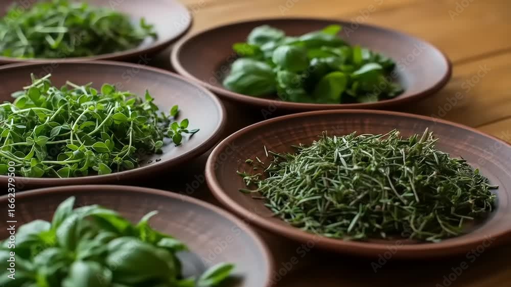 Freshly harvested herbs arranged on rustic plates, showcasing vibrant greens in a cozy kitchen setting Freshly harvested herbs arranged on rustic plates, showcasing vibrant greens in a cozy kitchen setting