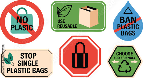 EcoFriendly Icons Showcasing No Plastic, Reusable Bags, Banning Plastics, EcoFriendly Choices, and Recycling