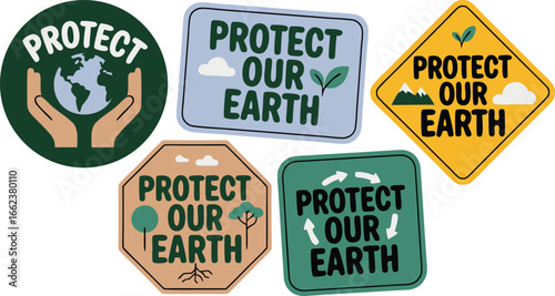 Illustrated Earth Protection Stickers Green Circle, Blue Cloud, Yellow Mountain, Tan Tree, and Recycling