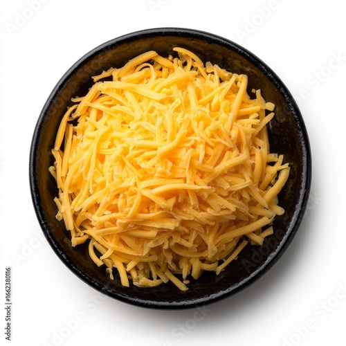 A close-up shot of shredded cheddar cheese in a bowl. The cheese is bright yellow in color and has a shredded texture