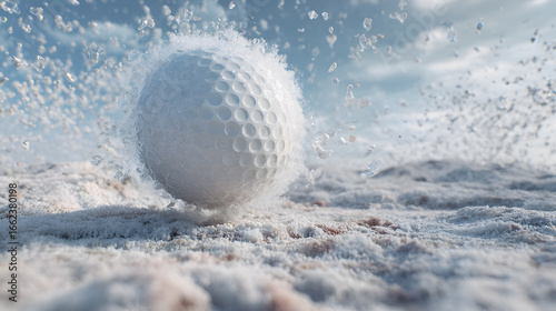 Frozen golf ball ice crystal snow winter cold outdoor sport dynamic splash detailed realistic blue sky