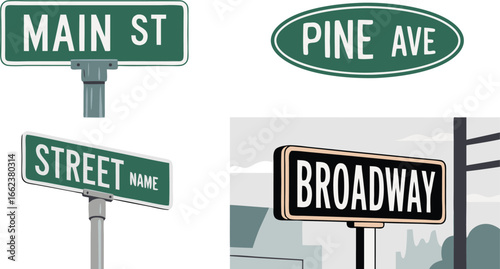 Illustrated Street Signs Main St, Pine Ave, Generic Street Name, and Broadway Landmarks