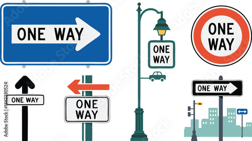 Illustration of Various One Way Road Signs, Including Arrows, a Streetlight, and Cityscape
