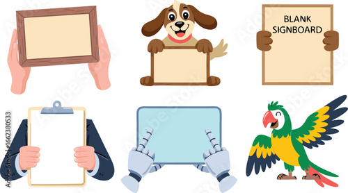 Illustration of People, Dog, Robot, and Parrot Holding Blank Signboards, Frames, and Clipboards for Text