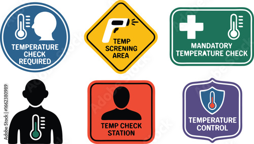 Multiple COVID19 Temperature Check Signs Required, Screening Area, Mandatory, Control, Check Station Graphics Collection