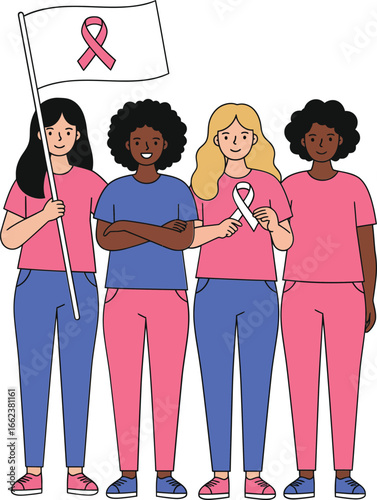 Breast cancer awareness women standing together holding pink ribbon flag supporting health causes and unity
