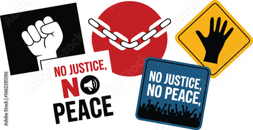 Protest Symbols Raised Fist, Broken Chains, Demands for Justice and Peace Illustration