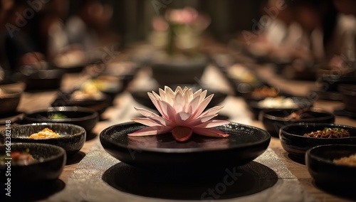 Lotus flower atop black plates surrounded by neatly arranged bowls of food on table, blurred background with peaceful diners