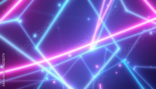 Futuristic abstract background with intersecting glowing neon lines in vibrant blue and pink, representing digital energy, data, or network.