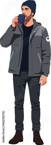 Man drinking coffee wearing winter jacket and beanie casual outdoor style vector illustration