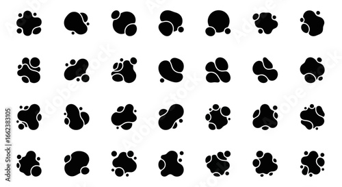 Collection of Black Fluid Blob Shapes on White Background for Modern Graphic Design and Creative Projects, Including Logo Design and Abstract Art