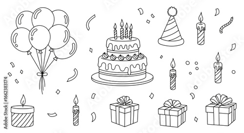 Festive Birthday Celebration Outline Design Featuring Balloons, Cake, Gifts, and Candles. Perfect for creating invitations, coloring pages, and party decorations
